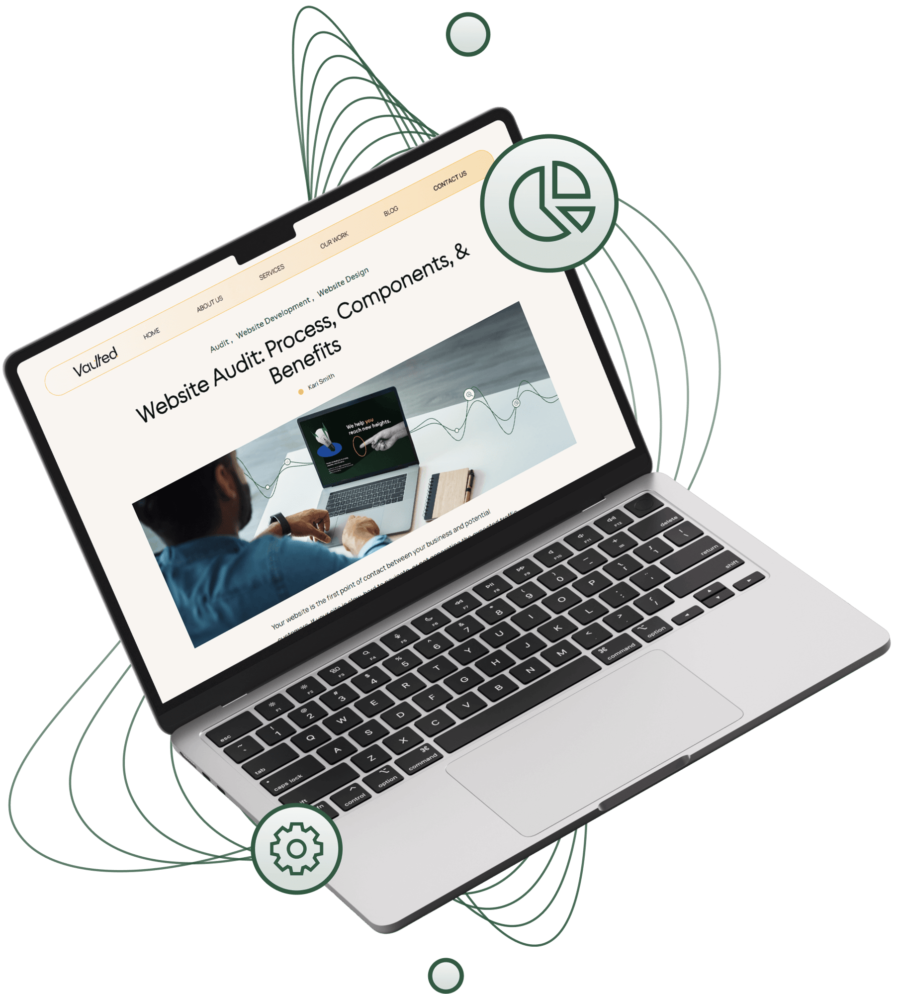 A laptop displaying the Vaulted website with a page titled "Website Audit: Process, Components, & Benefits." The screen shows an image of a person analyzing data on a laptop, with abstract graphics indicating growth and optimization. Icons representing analytics and gear settings surround the laptop, symbolizing the technical and strategic aspects of a website audit. The image reflects Vaulted’s commitment to helping businesses optimize their websites for improved performance and user engagement. A laptop displaying the Vaulted website with a page titled "Website Audit: Process, Components, & Benefits." The screen shows an image of a person analyzing data on a laptop, with abstract graphics indicating growth and optimization. Icons representing analytics and gear settings surround the laptop, symbolizing the technical and strategic aspects of a website audit. The image reflects Vaulted’s commitment to helping businesses optimize their websites for improved performance and user engagement.